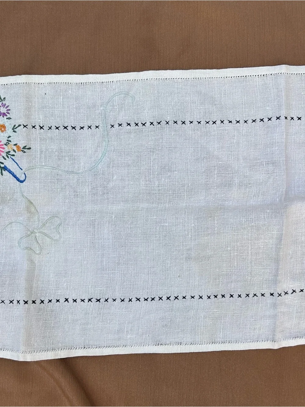 Vintage Hand-embroidered Runner Basket Floral Cross Stitch 40